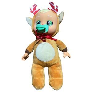 Adorable Reindeer Cry Baby Doll with Green Pacifier